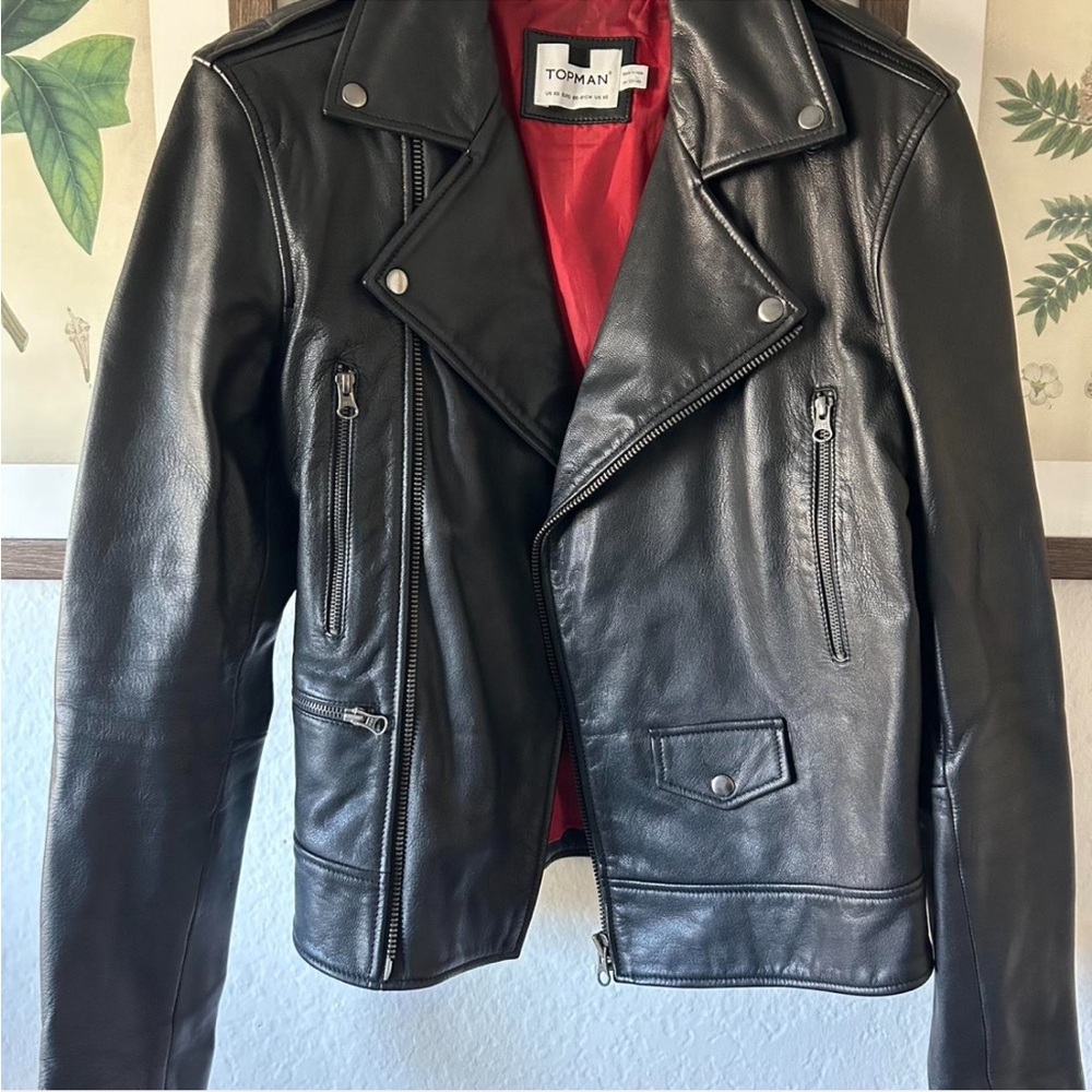 Topman Black Leather Moto Jacket Asymmetrical Zipper